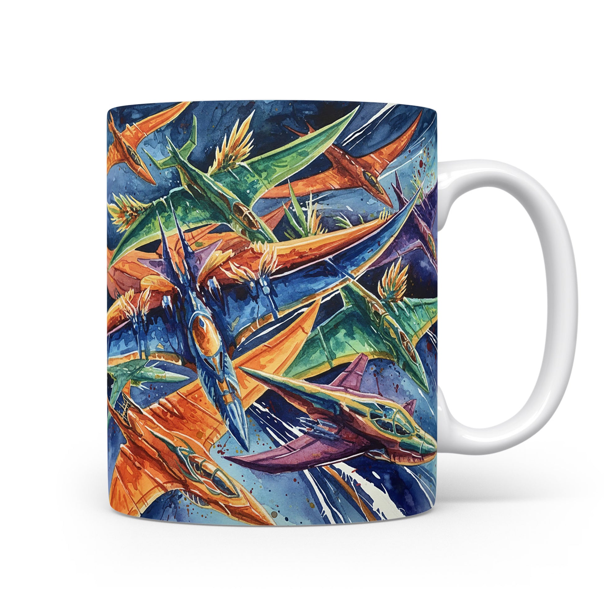Hrnek s futuristickými letadly v akvarelu