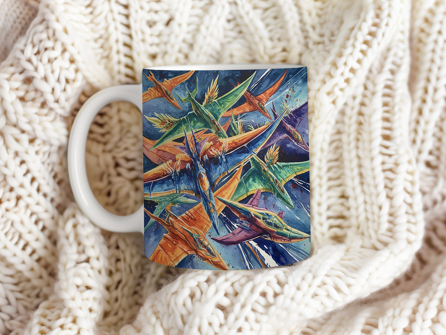 Hrnek s letkou futuristických letadel