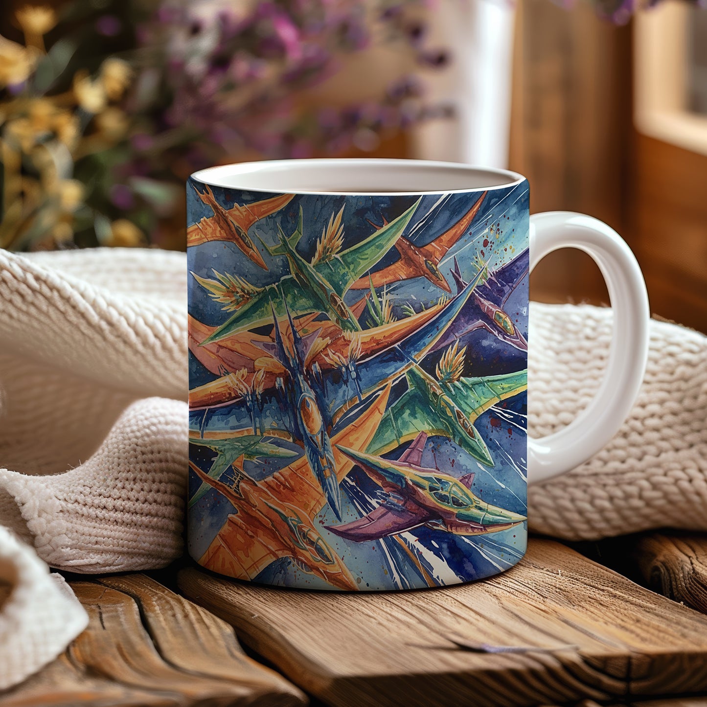 Hrnek s letkou futuristických letadel