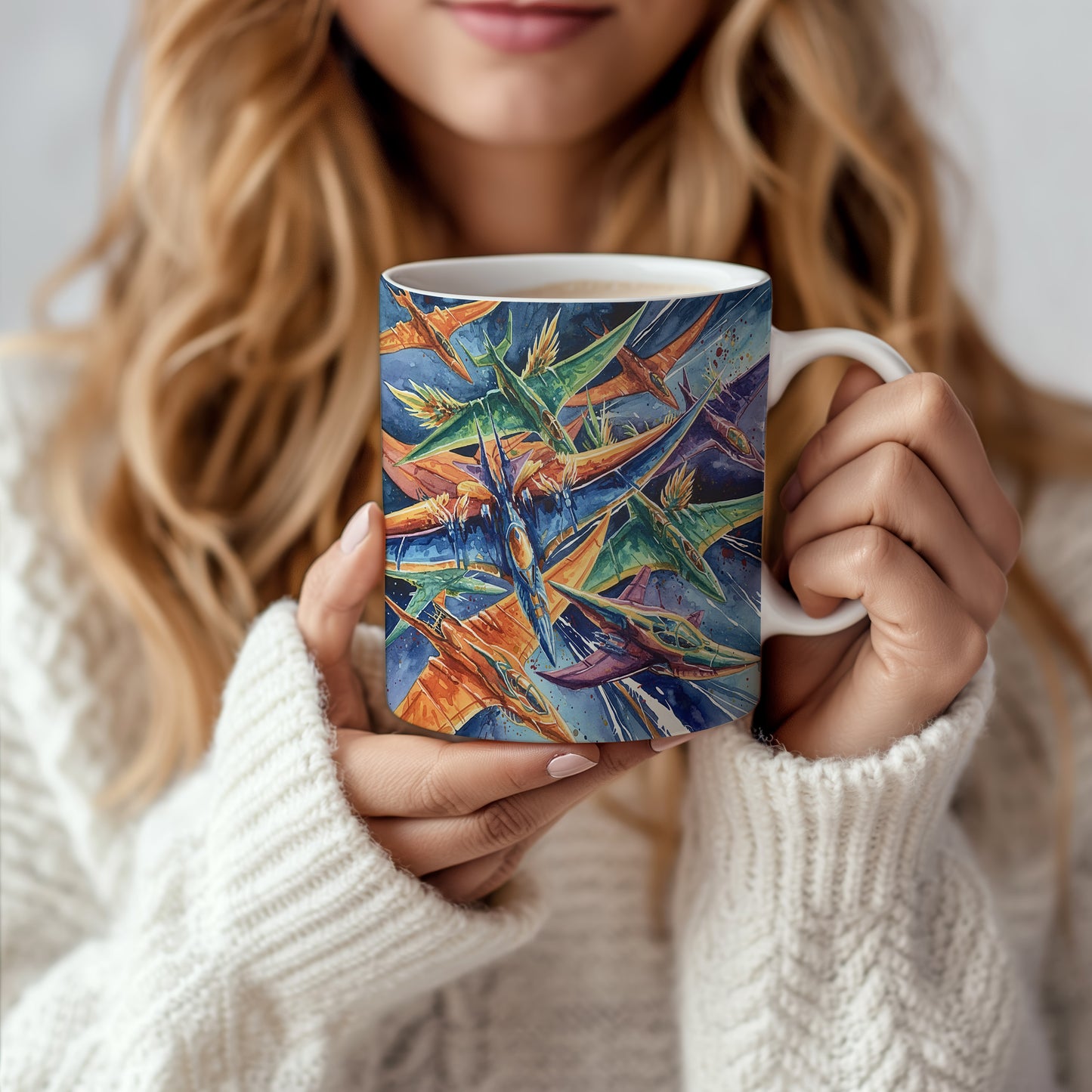 Hrnek s letkou futuristických letadel