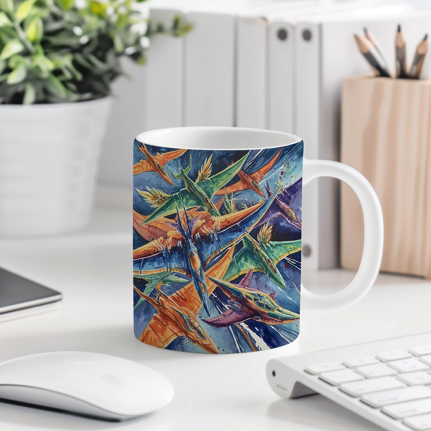 Hrnek s letkou futuristických letadel