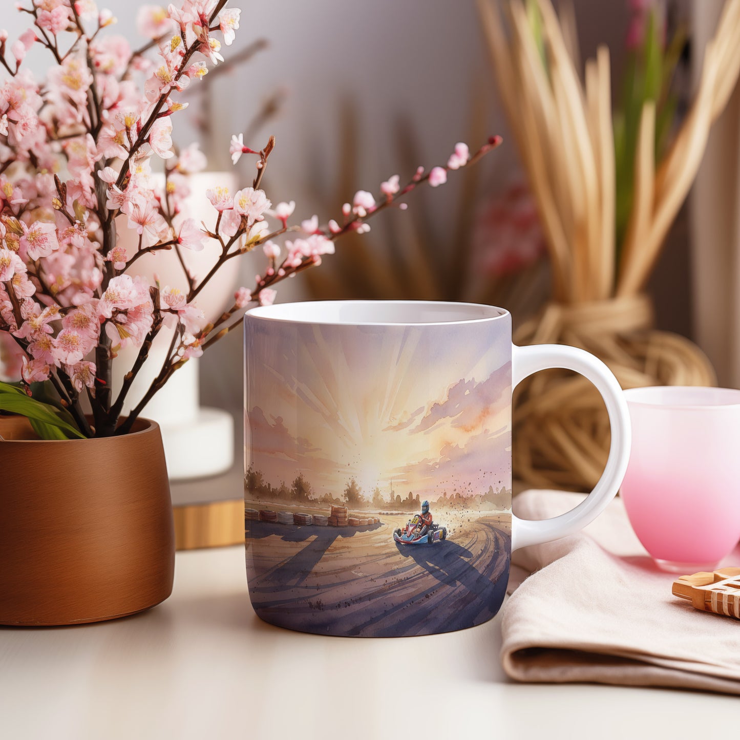 Hrnek s motokárou při západu slunce