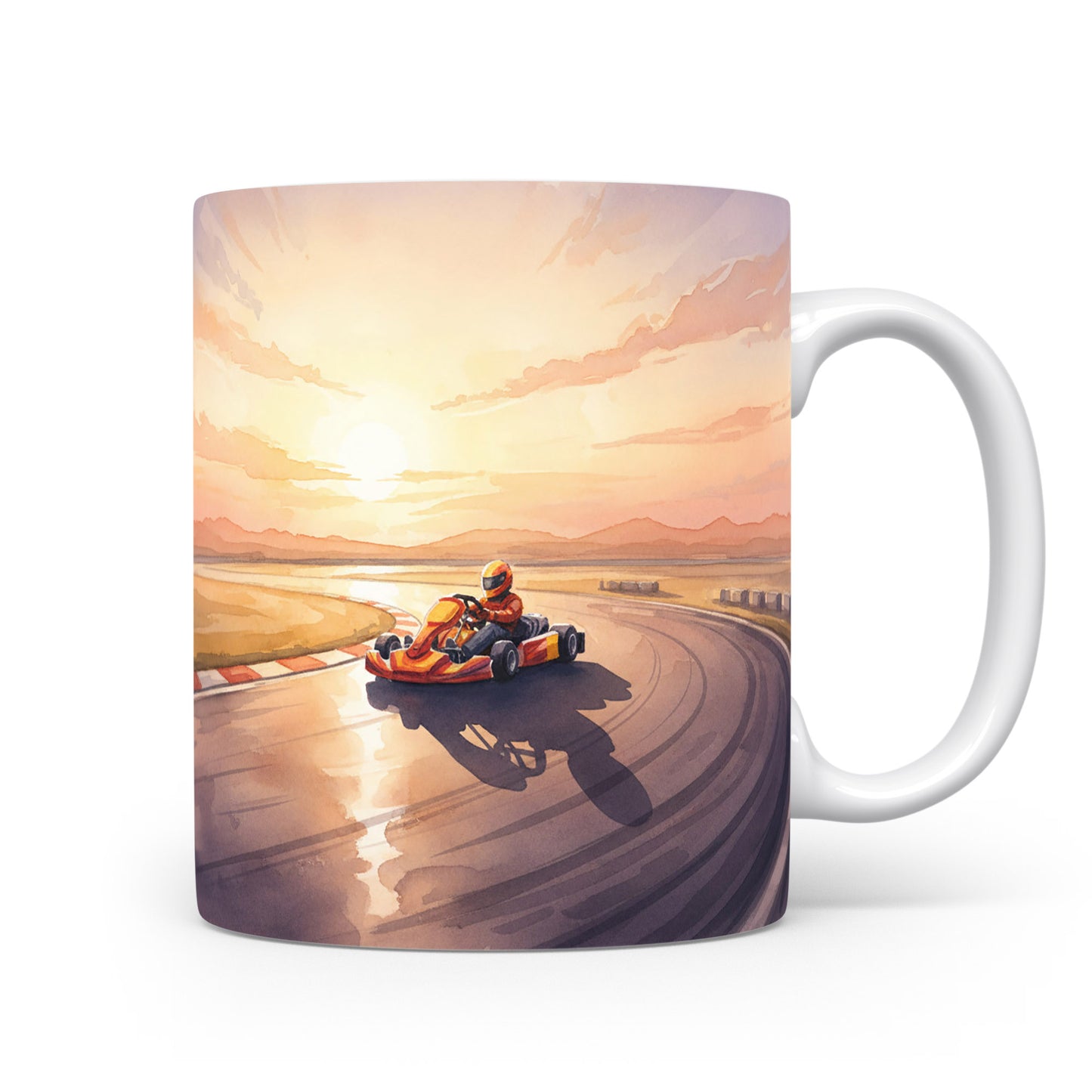 Motokára při západu slunce na hrnku