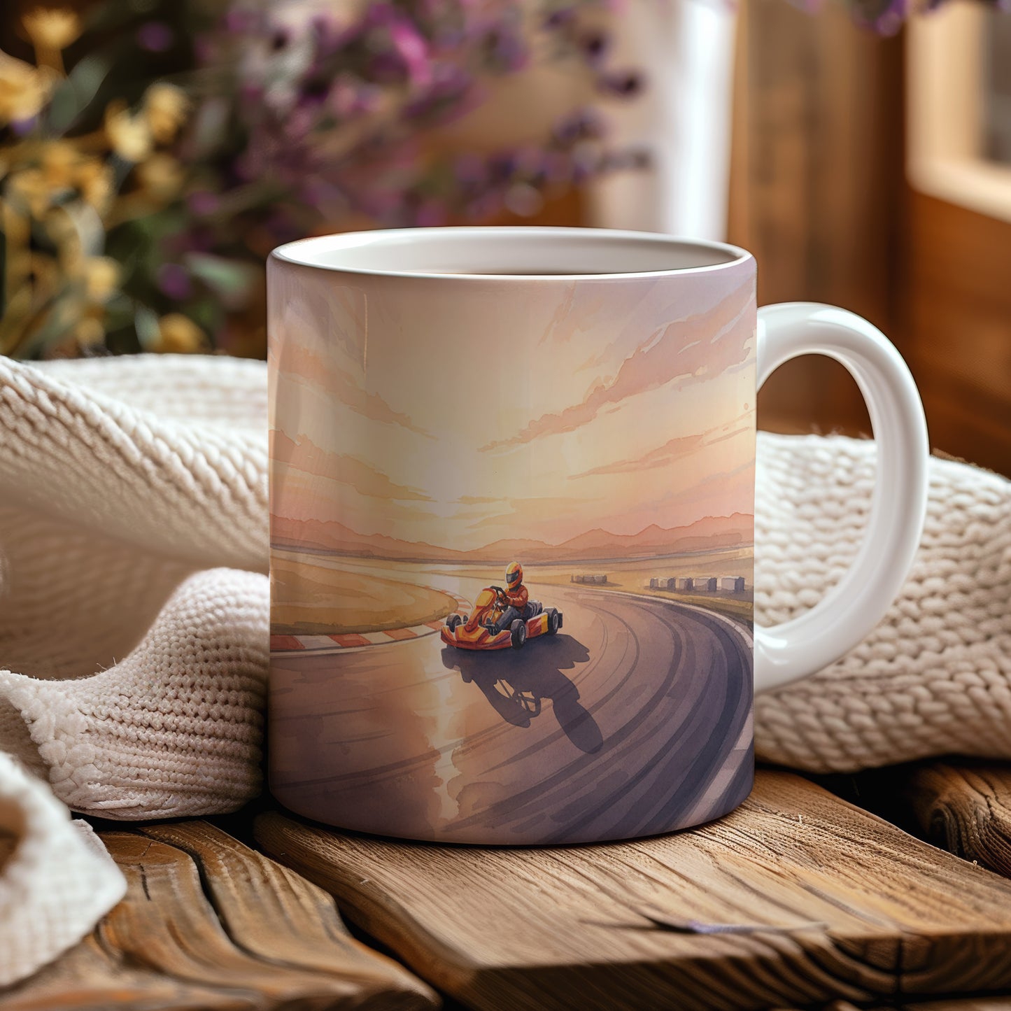 Hrnek s motokárou při západu slunce