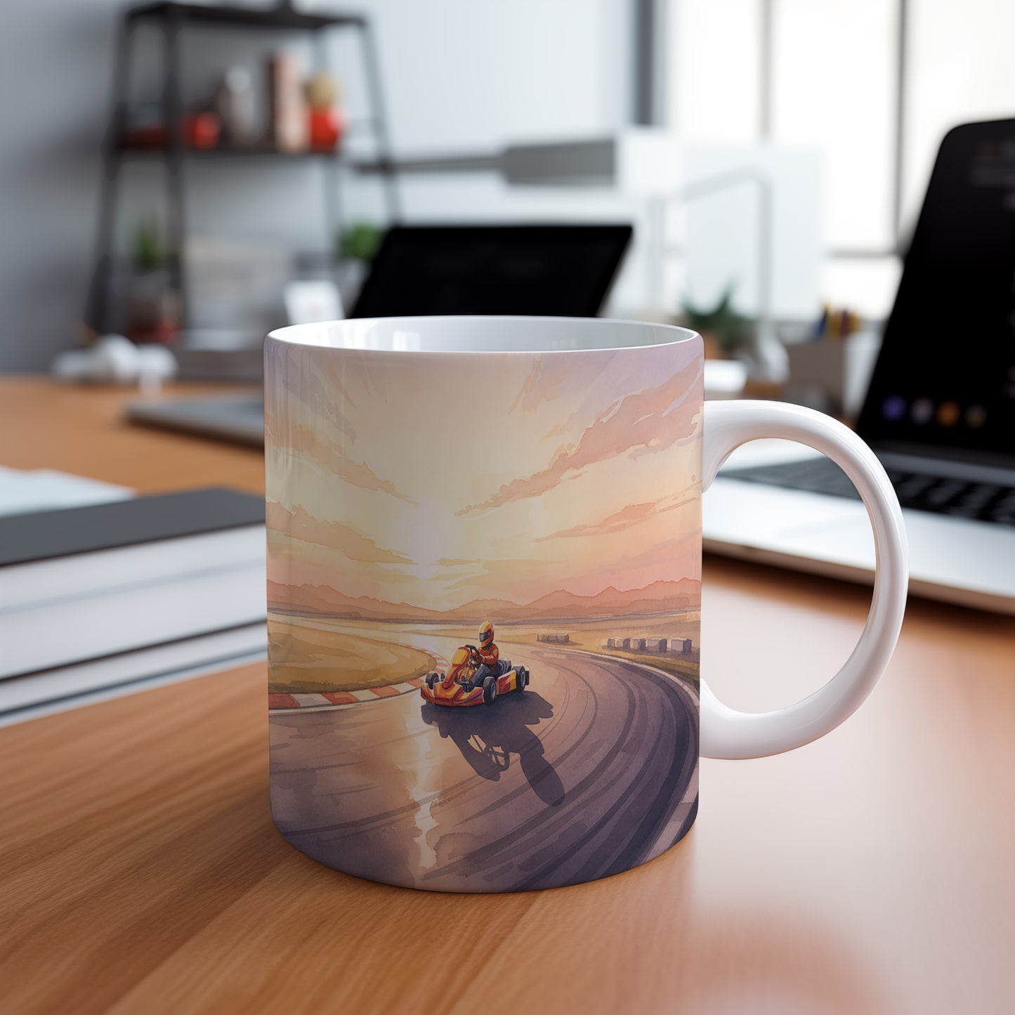 Hrnek s motokárou při západu slunce