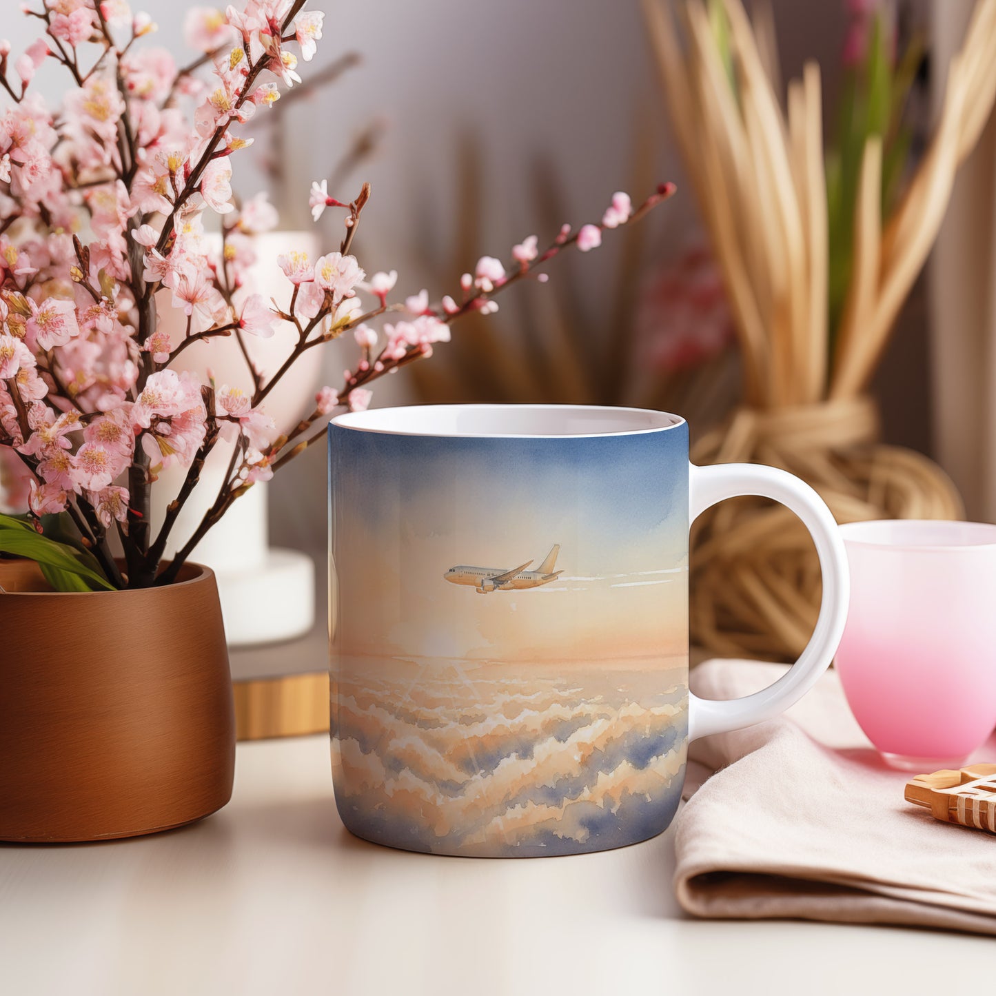 Hrnek s letadlem nad mraky