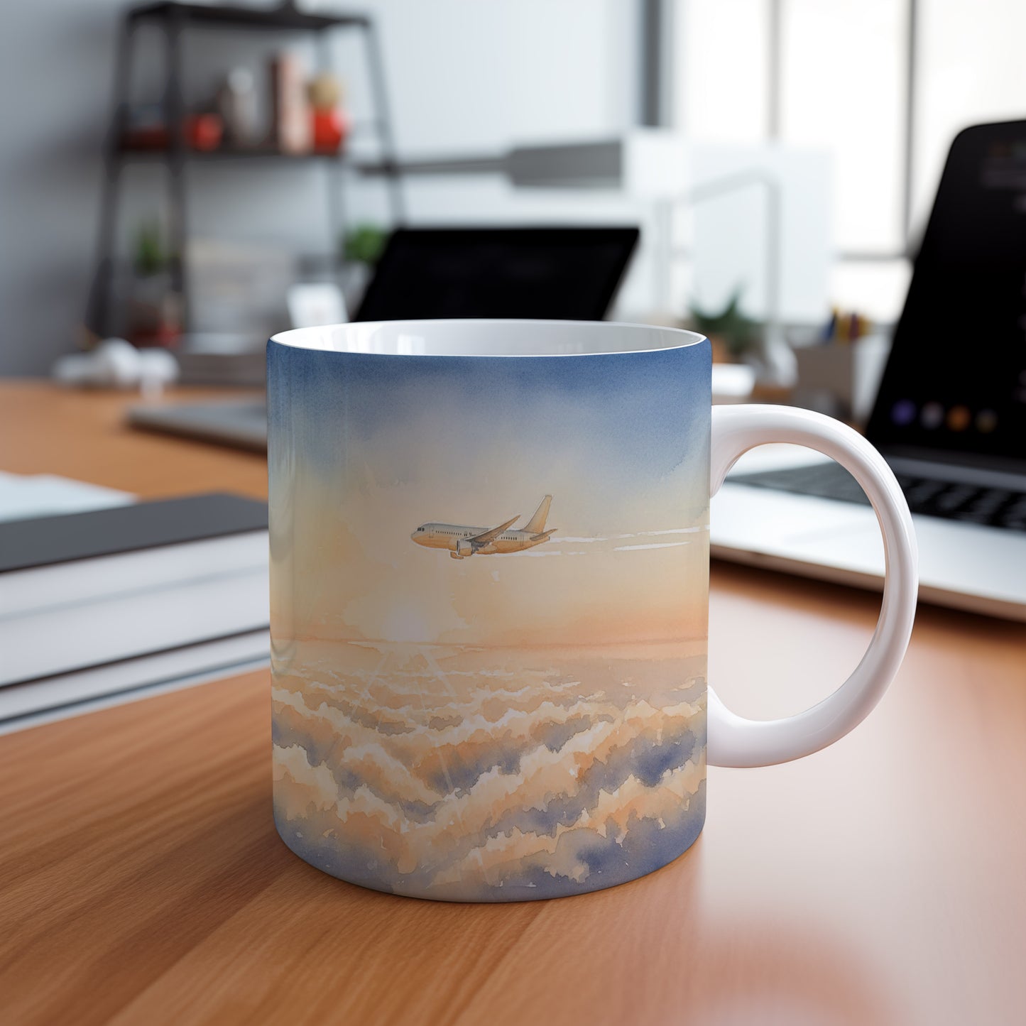 Hrnek s letadlem nad mraky