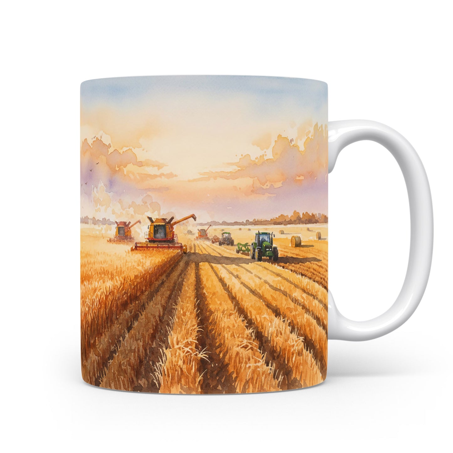 Hrnek s kombajnem při západu slunce