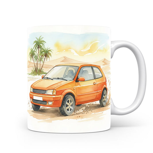 Sportovní auto v poušti na hrnku