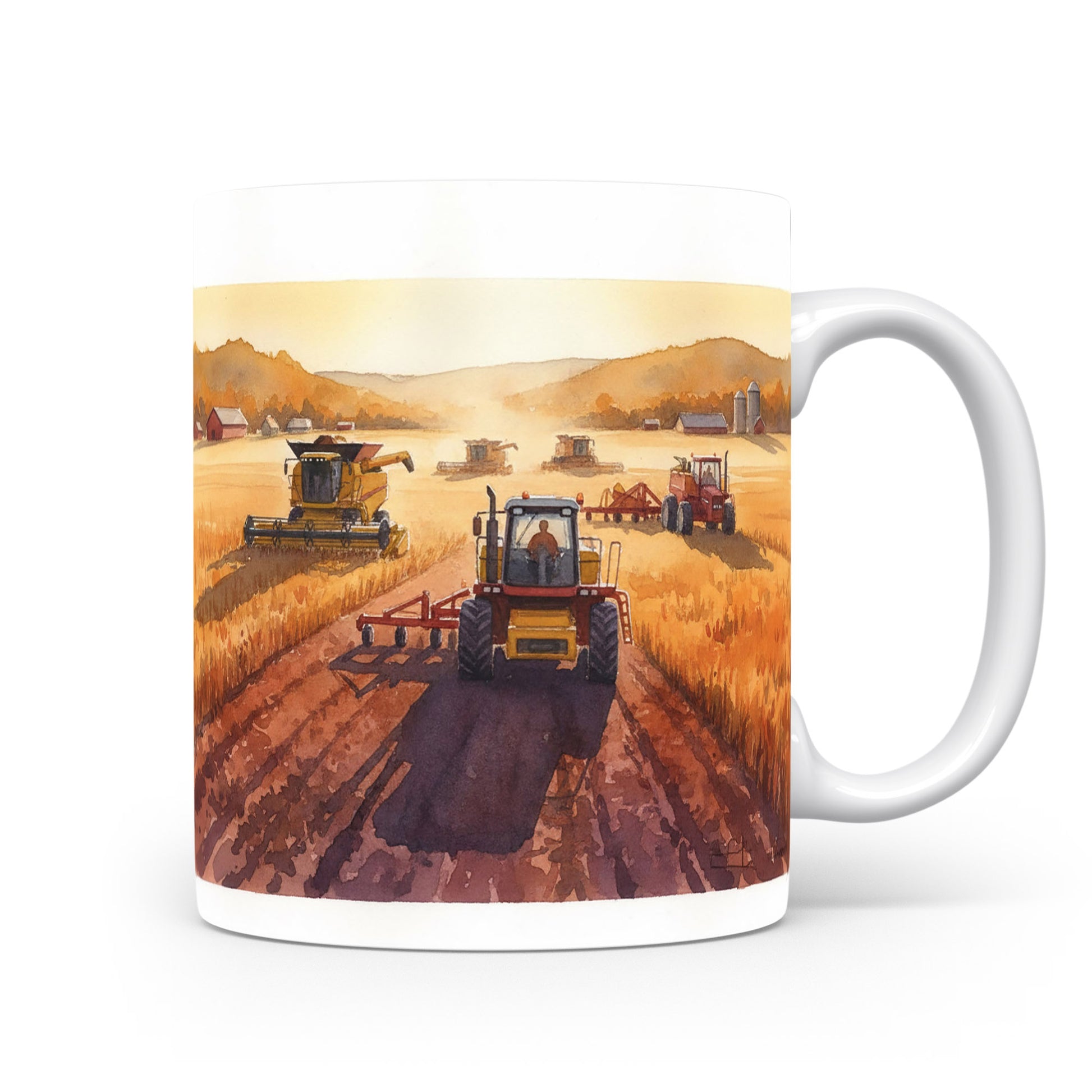 Traktory při sklizni na akvarelovém hrnku