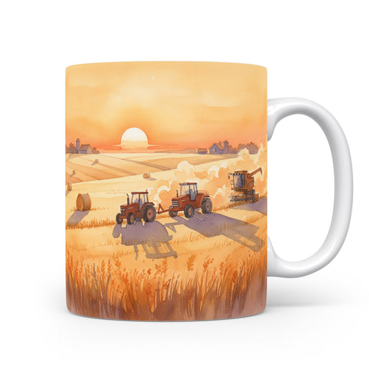 Traktory při západu slunce na hrnku