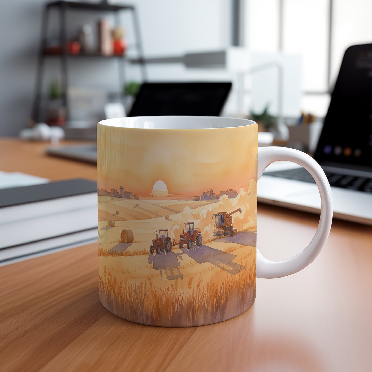 Hrnek s traktory při západu slunce