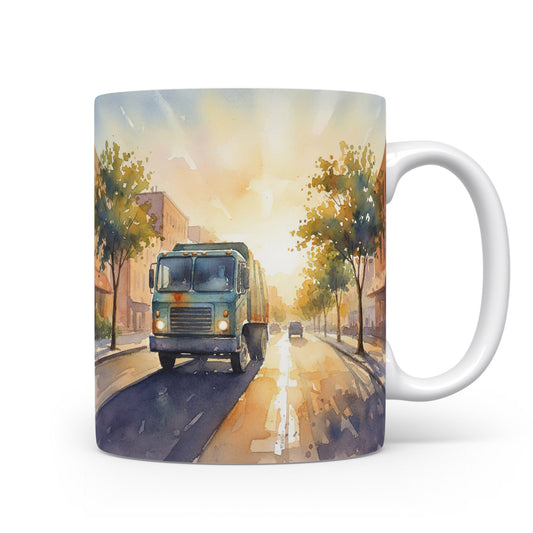 Hrnek s popelářským vozem za úsvitu