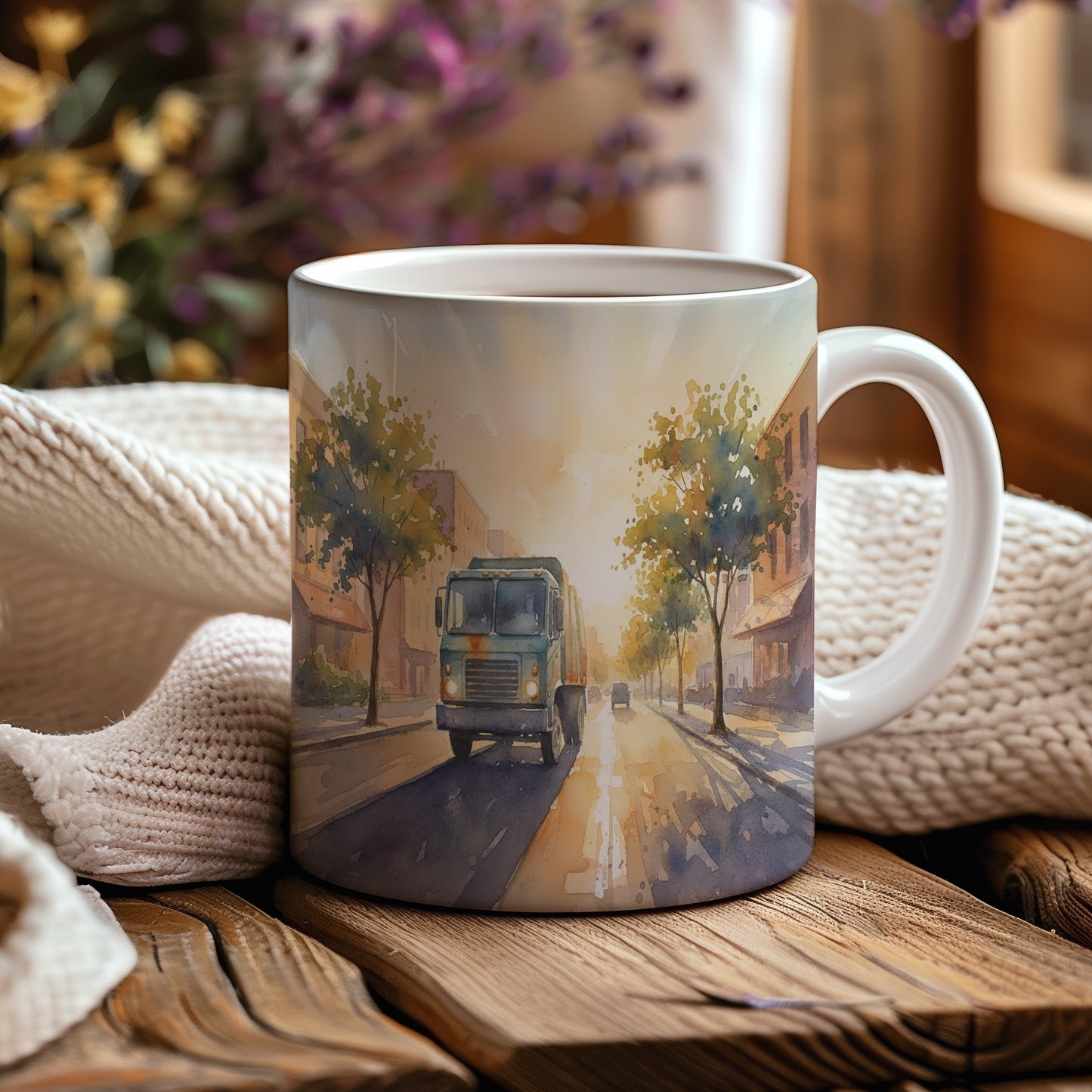 Hrnek s popelářským vozem za úsvitu