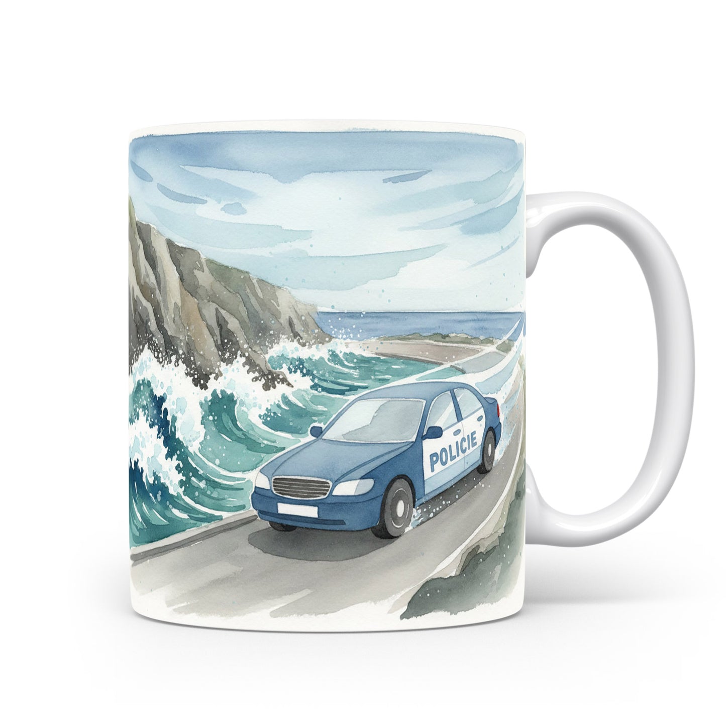 Hrnek s policejním autem u moře