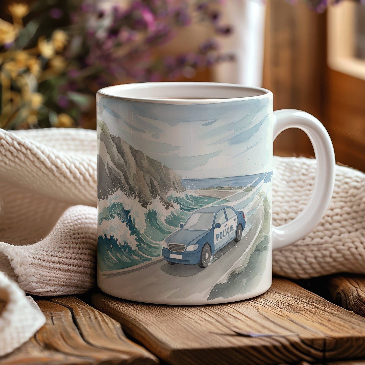 Hrnek s policejním autem u moře