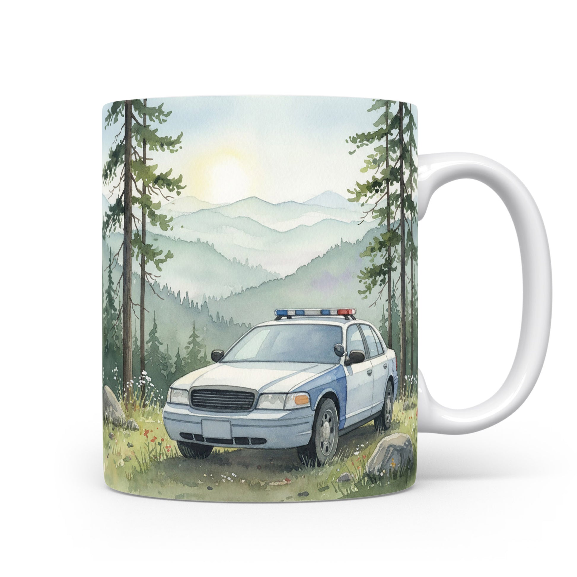 Policejní vůz v horách na hrnku