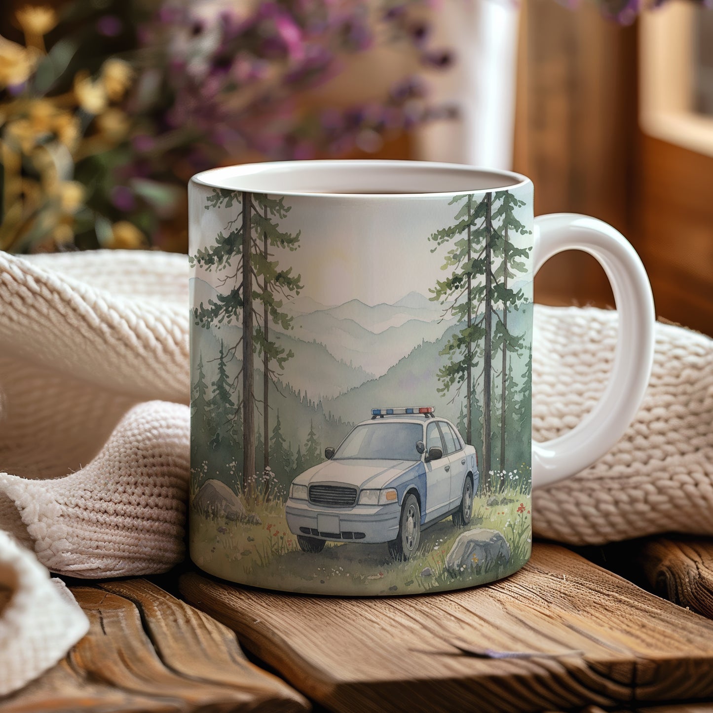 Hrnek s policejním vozem v horách