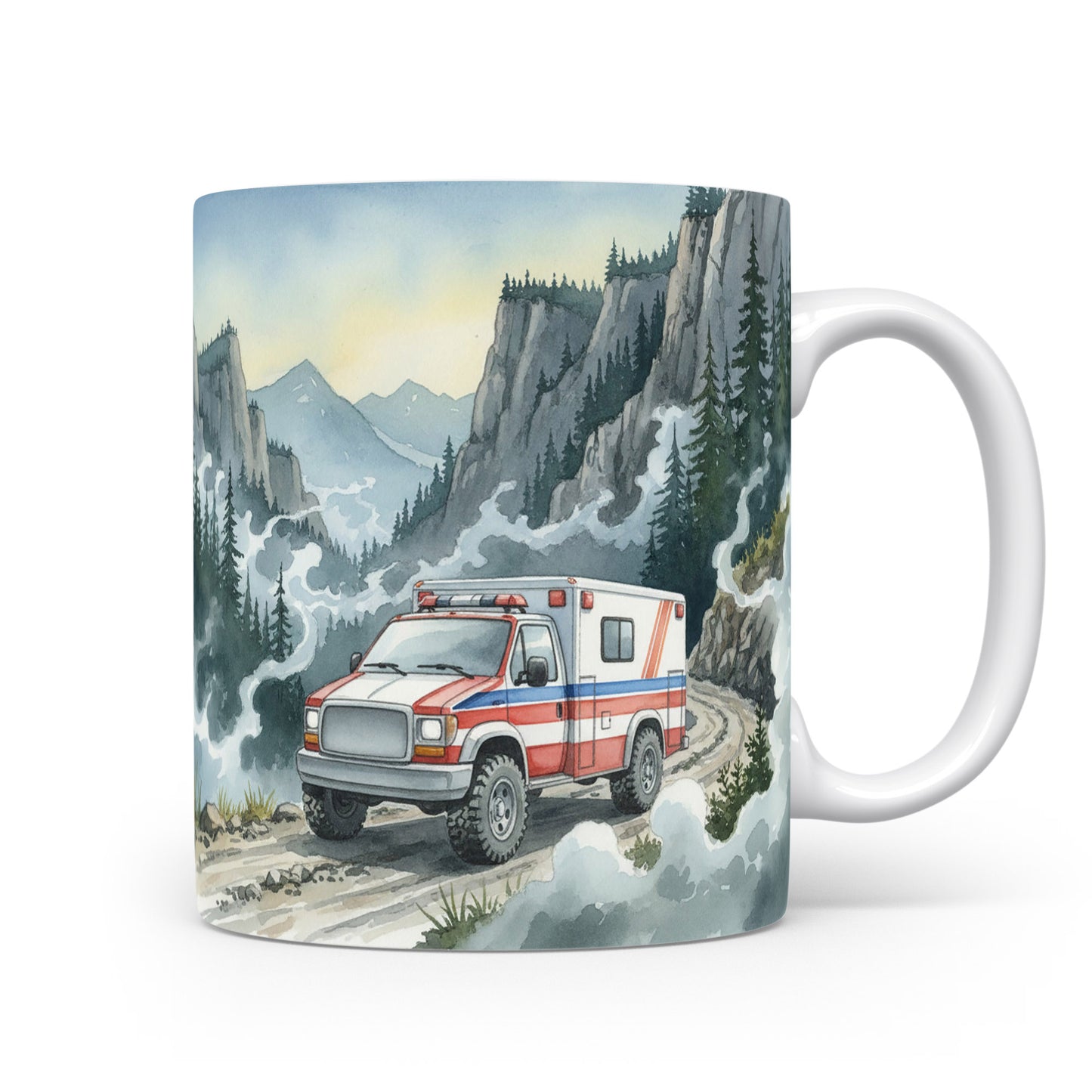 Hrnek s akvarelovou ambulancí v horách