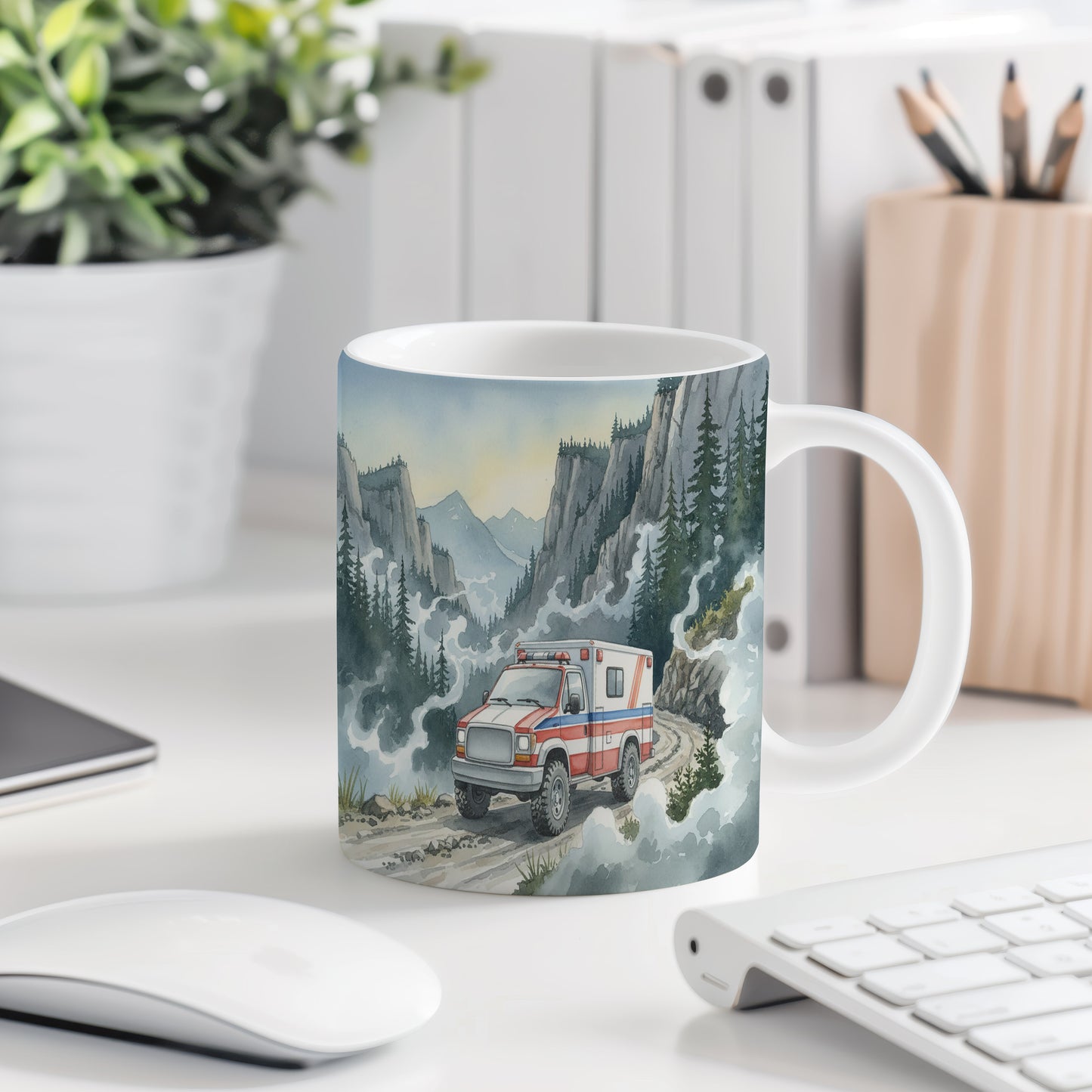 Hrnek s ambulancí v horách