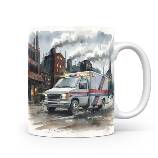 Hrnek s akvarelovou sanitkou v průmyslové zóně