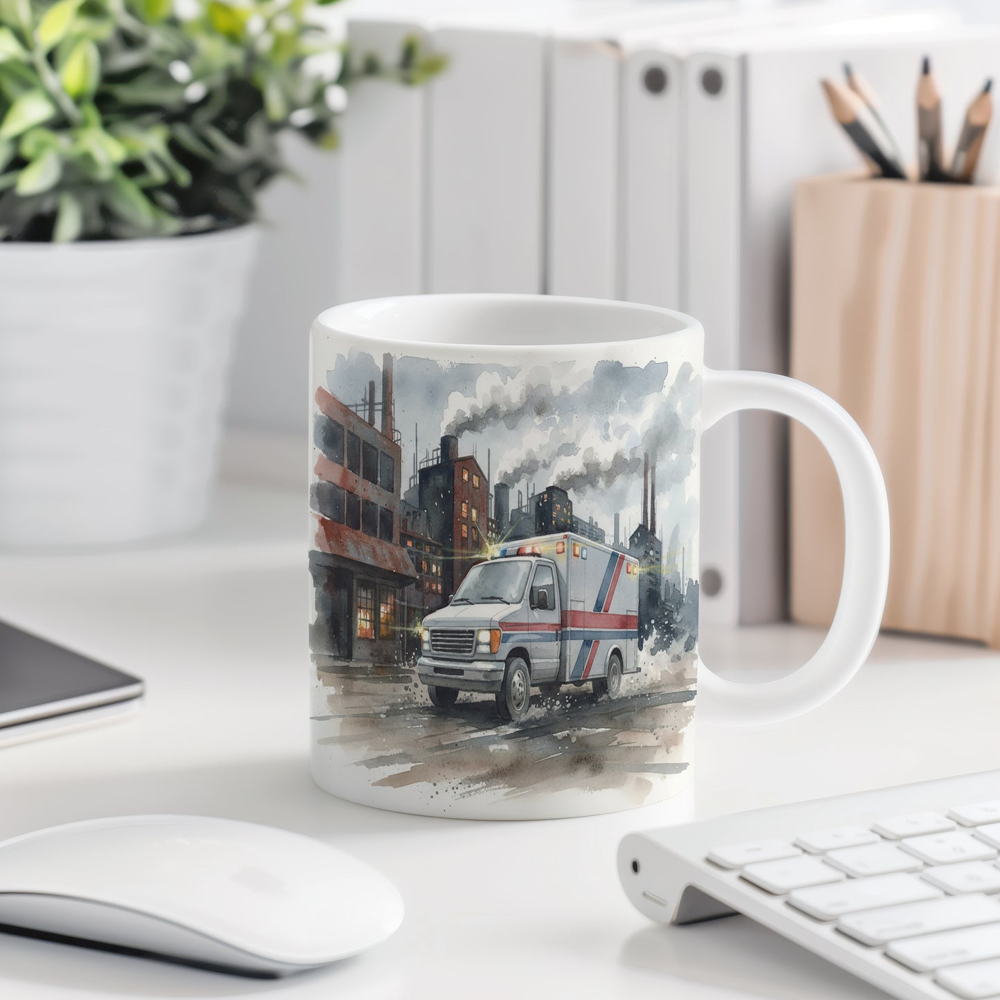 Hrnek s ambulancí v průmyslové zóně