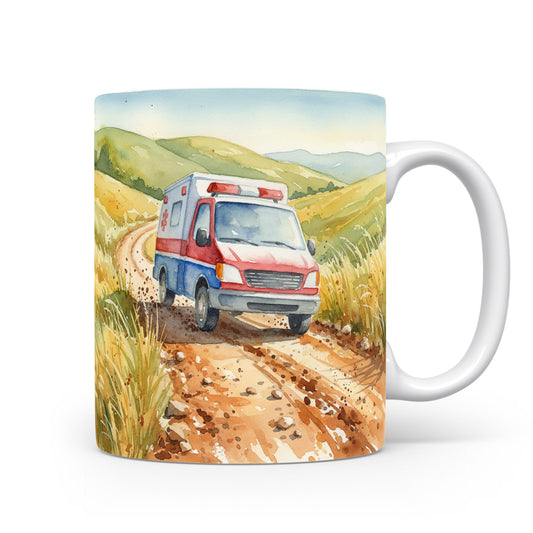 Akvarelový motiv sanitky na polní cestě