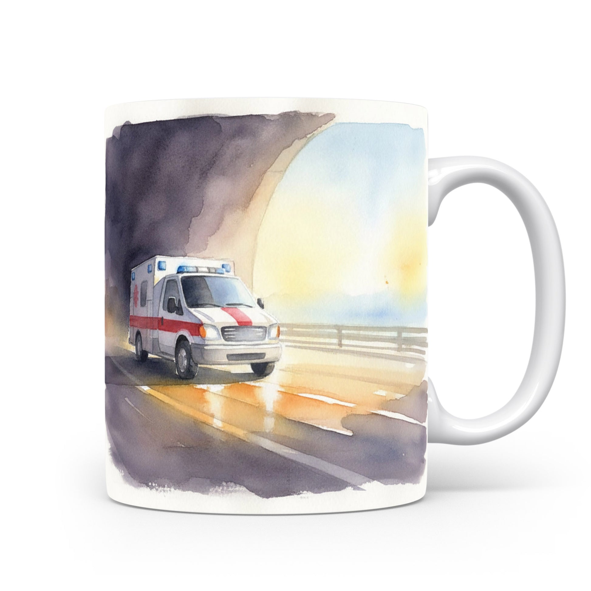Hrnek s akvarelovým motivem sanitky v tunelu