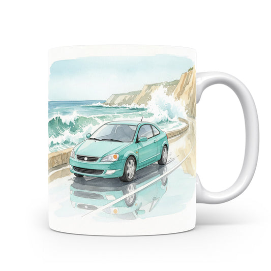 Zelený sedan u mořských útesů na hrnku