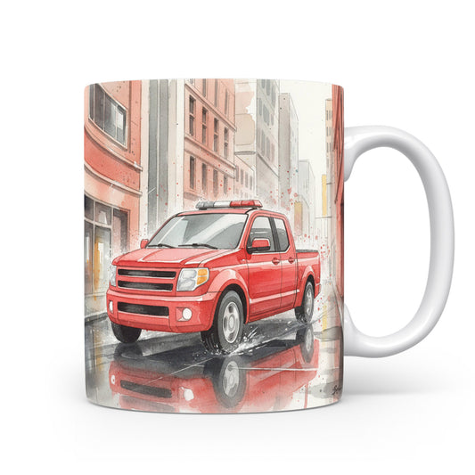 Hrnek s červeným pickupem ve městě