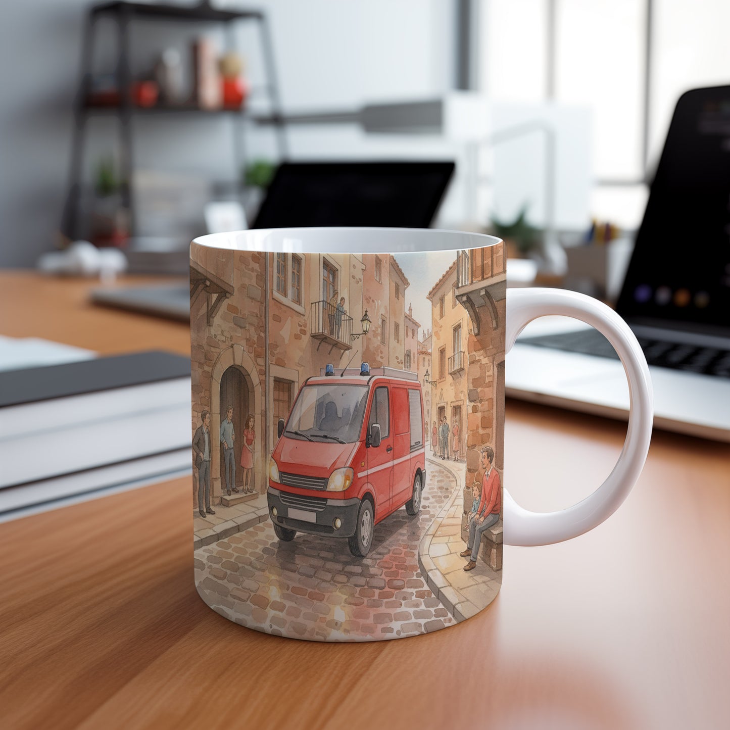 Hrnek s hasičským vozem v historické uličce