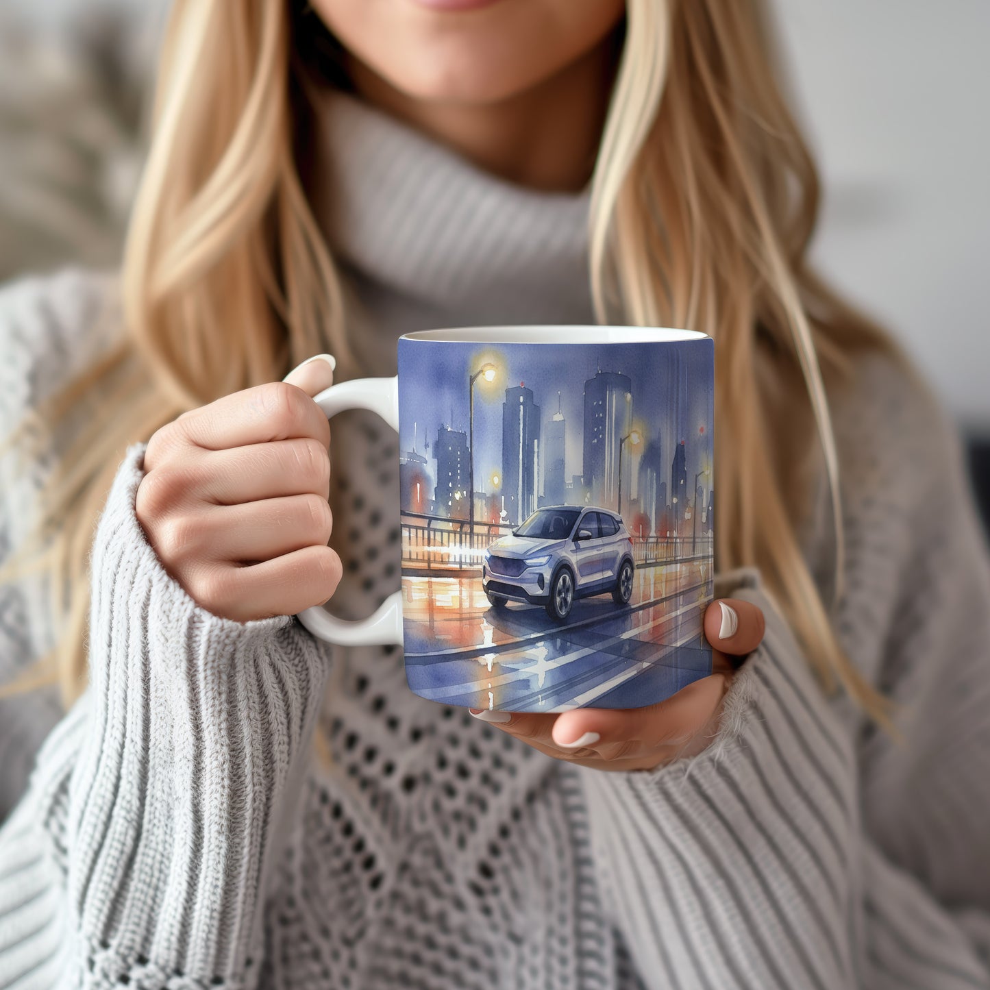 Hrnek s SUV na nočním mostě