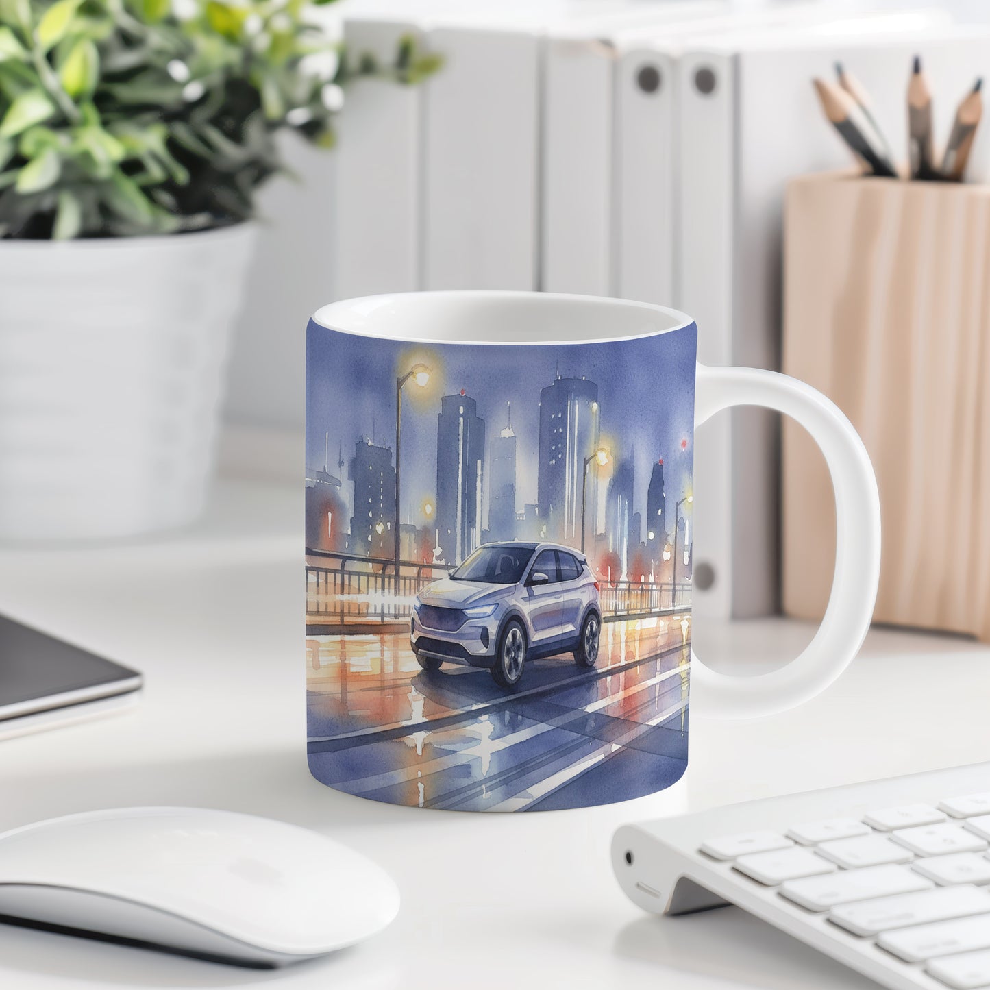 Hrnek s SUV na nočním mostě