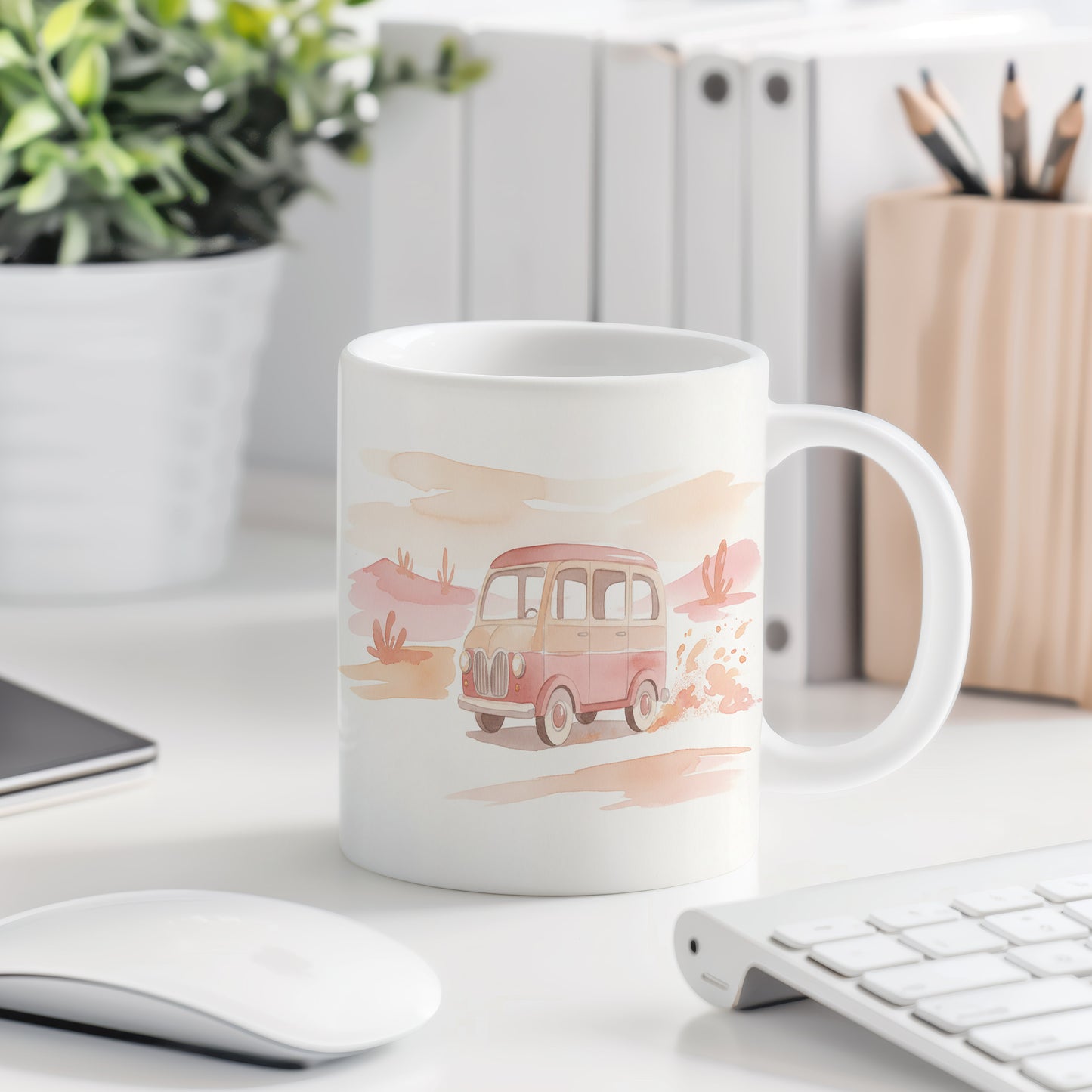 Hrnek s retro dodávkou v poušti