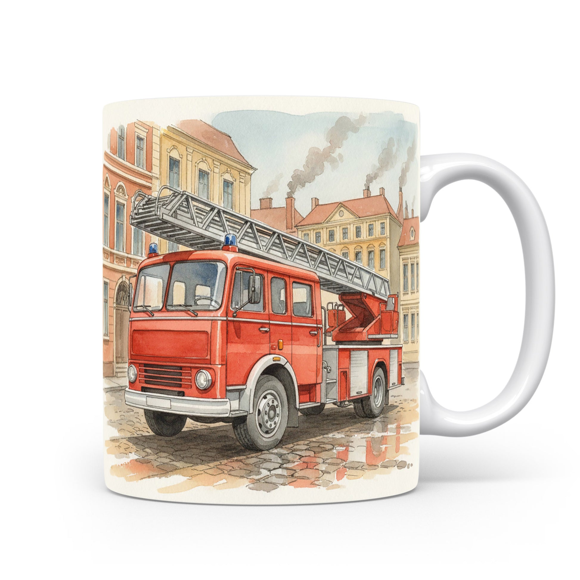 Hasičský vůz na náměstí na hrnku