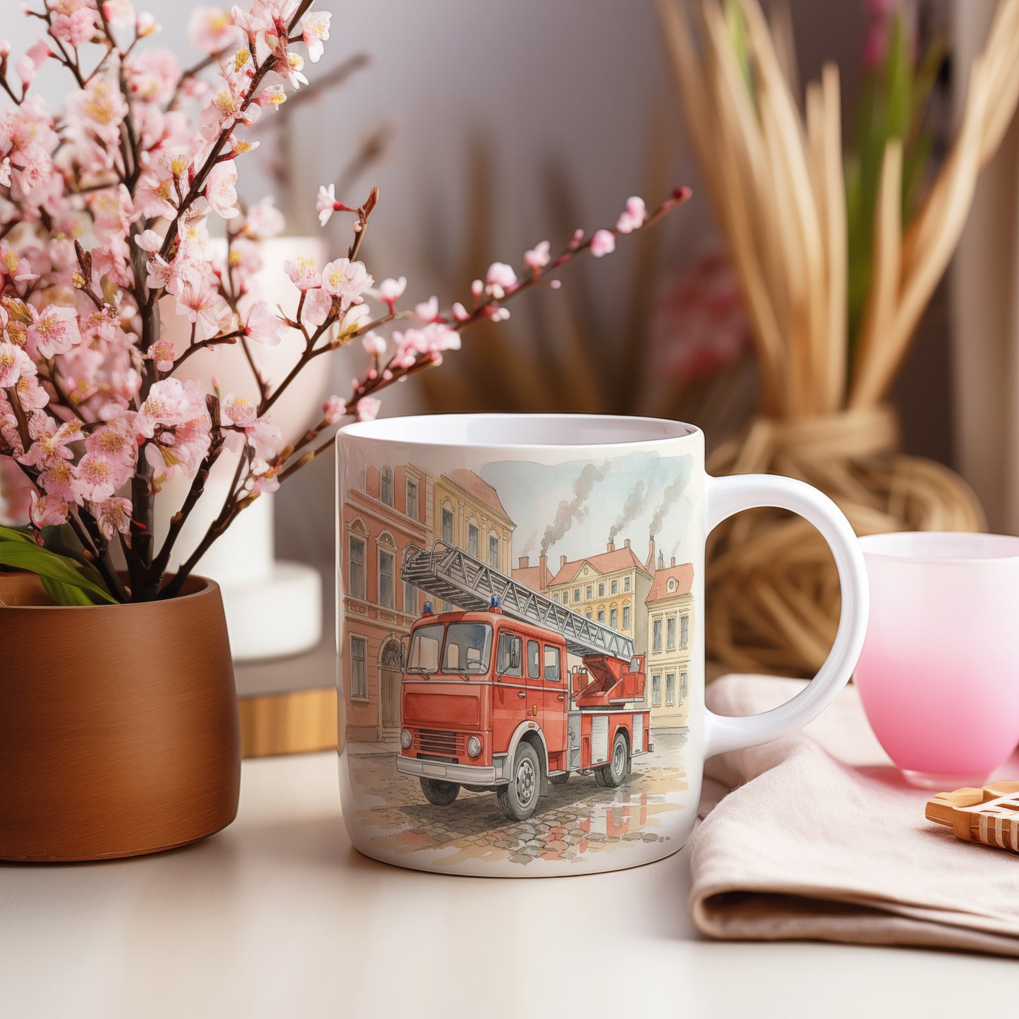 Hrnek s hasičským vozem na náměstí