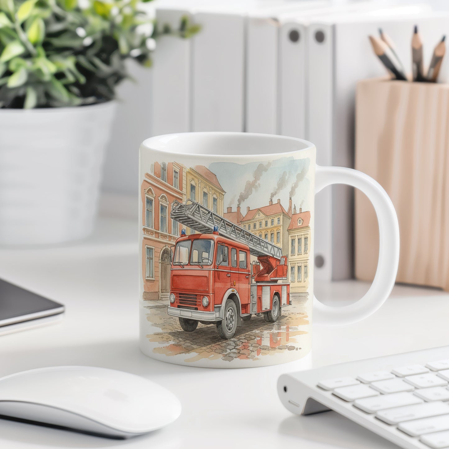 Hrnek s hasičským vozem na náměstí