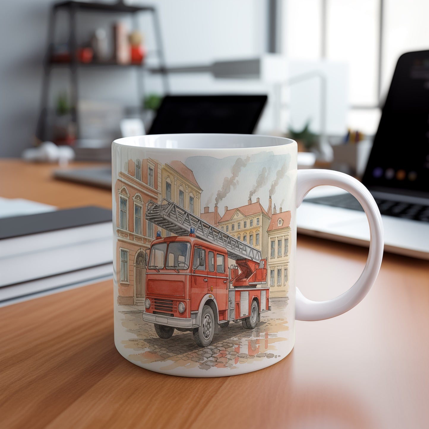 Hrnek s hasičským vozem na náměstí