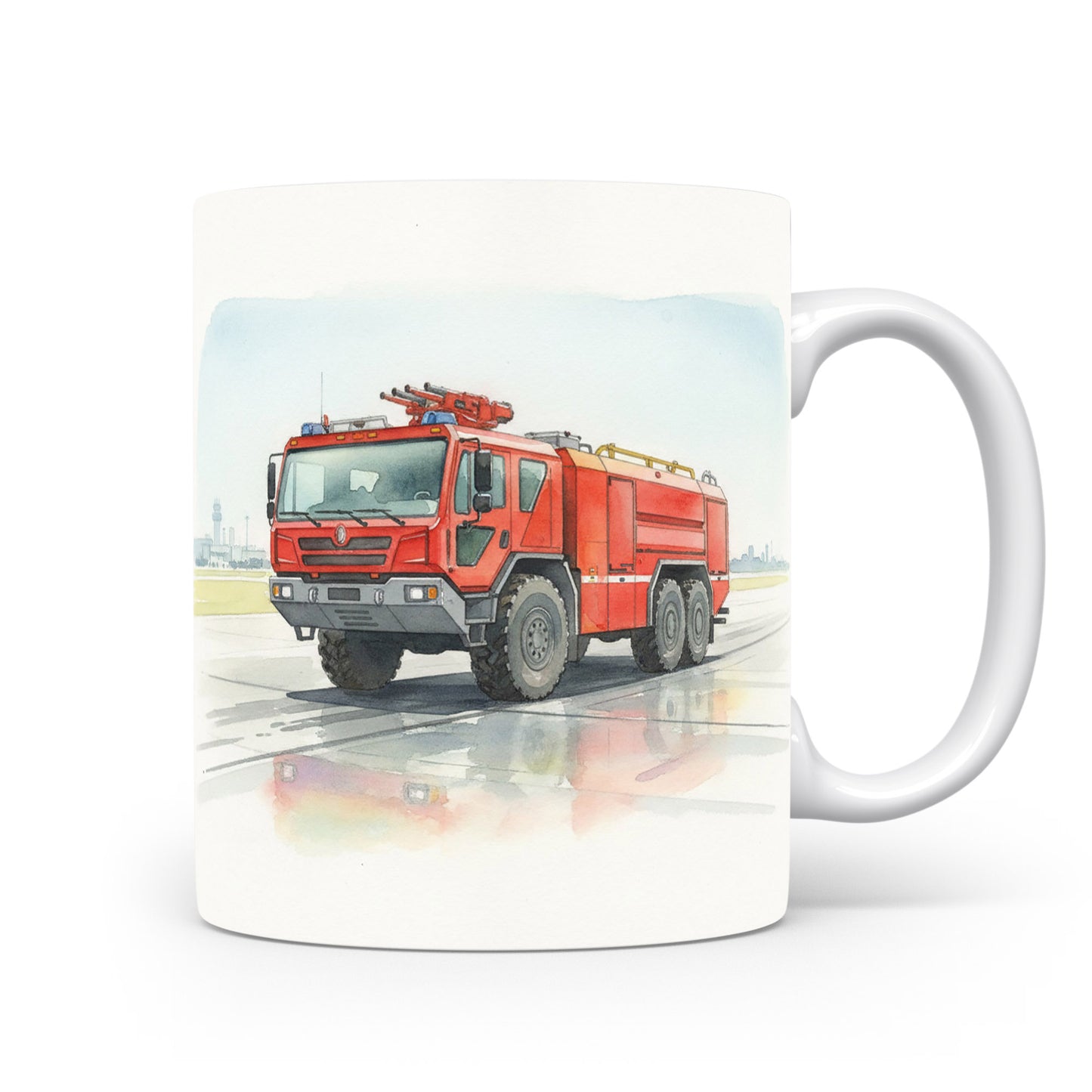 Hasičský vůz na letišti na akvarelovém hrnku