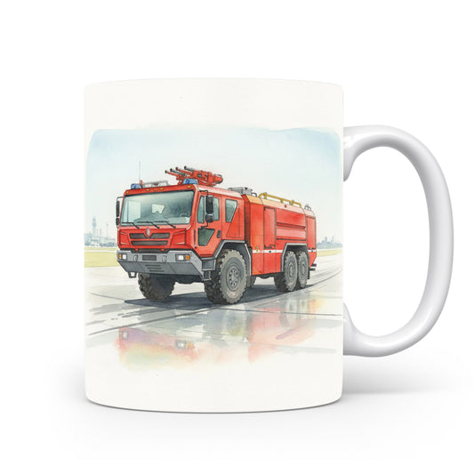 Hasičský vůz na letišti na akvarelovém hrnku