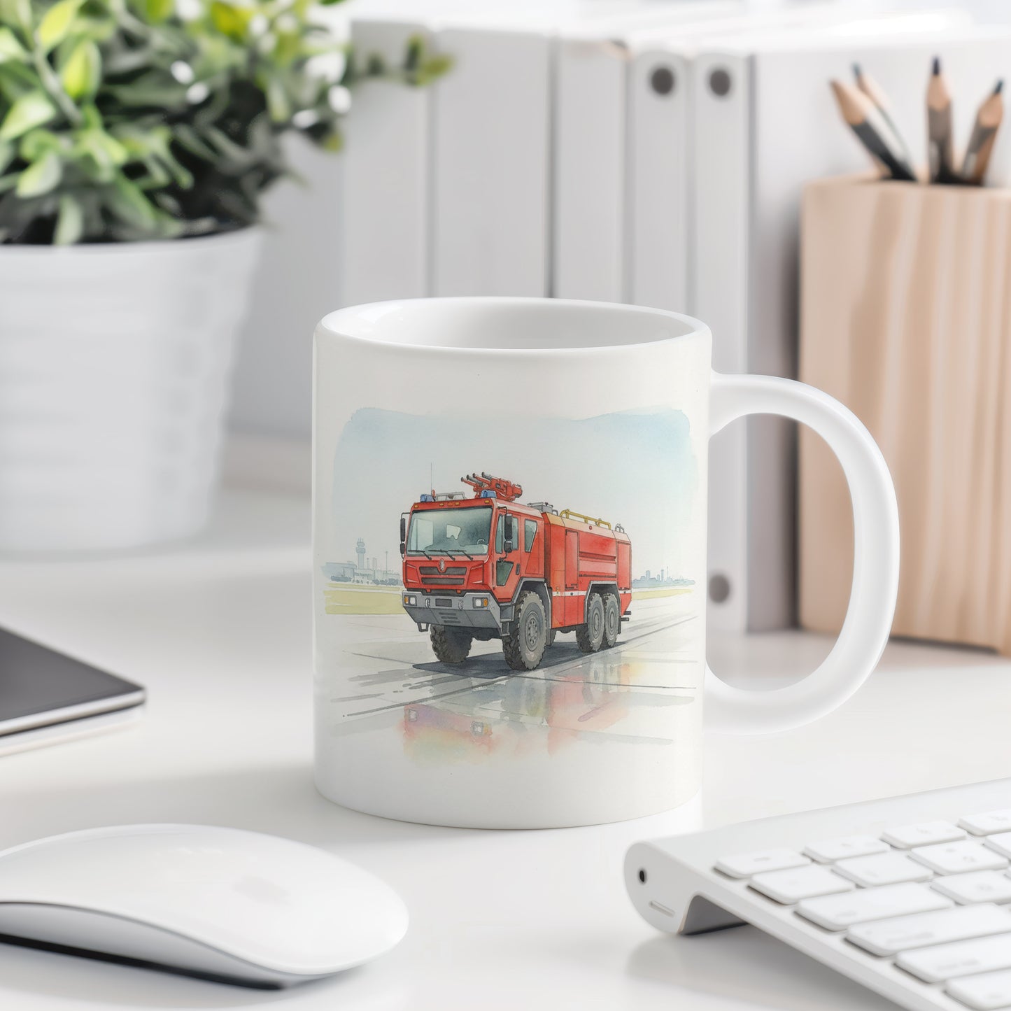 Hrnek s hasičským vozem na letišti