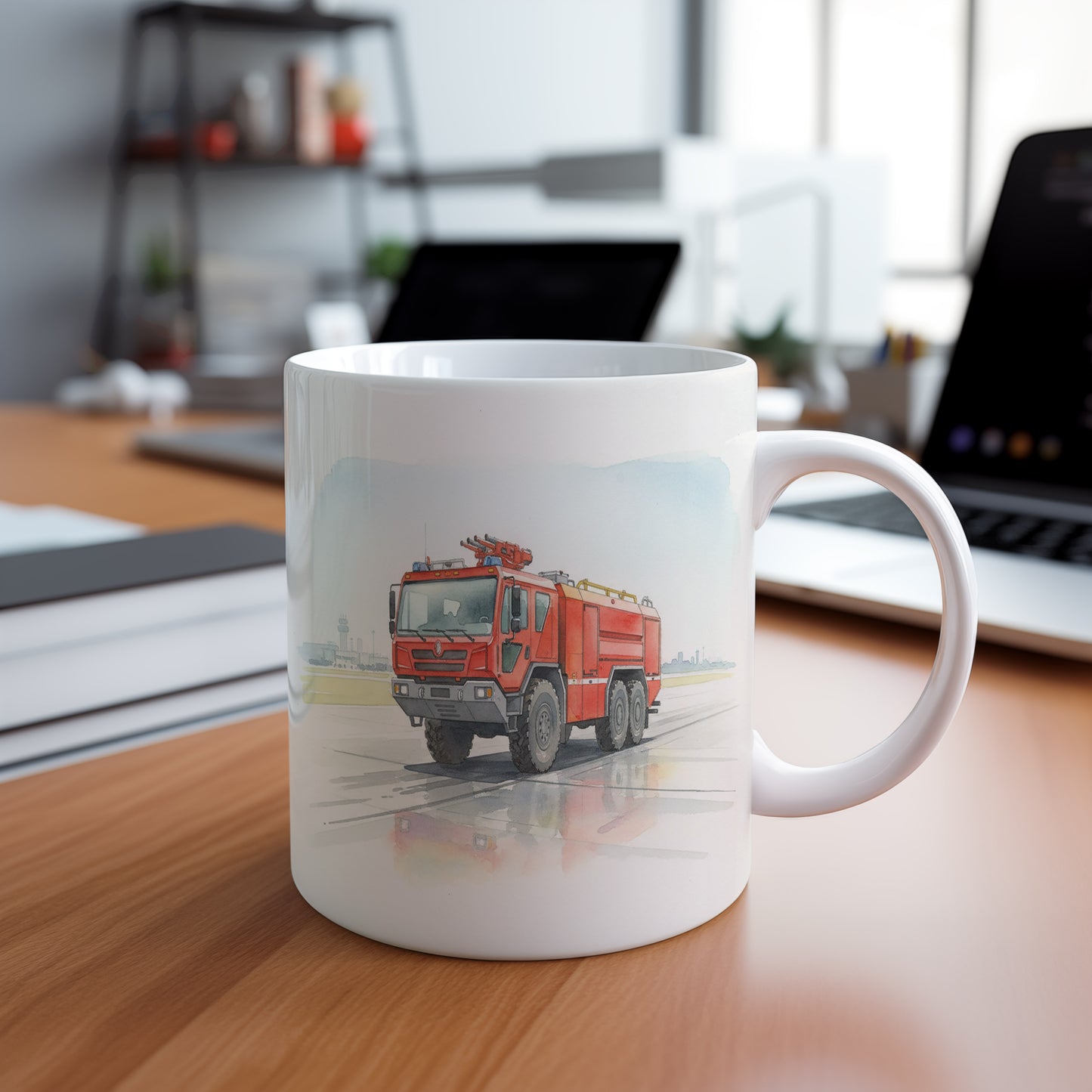 Hrnek s hasičským vozem na letišti