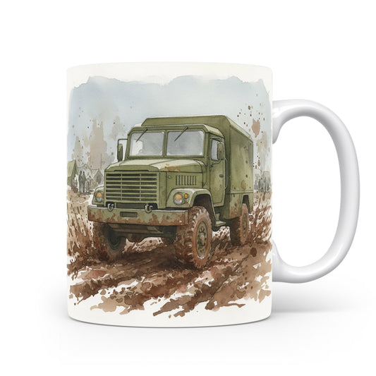 Vojenský vůz v blátě na hrnku