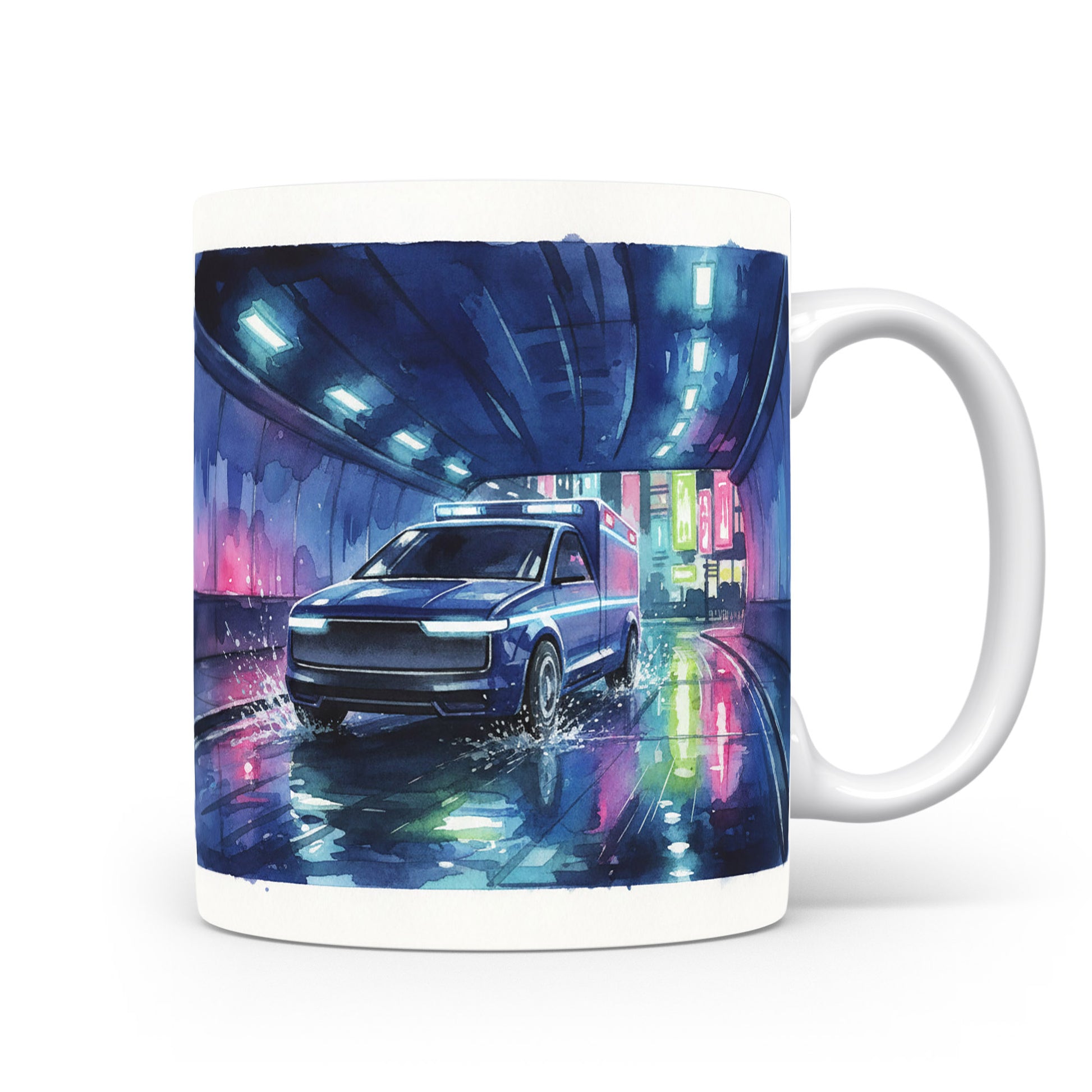 Futuristická sanitka v tunelu na hrnku