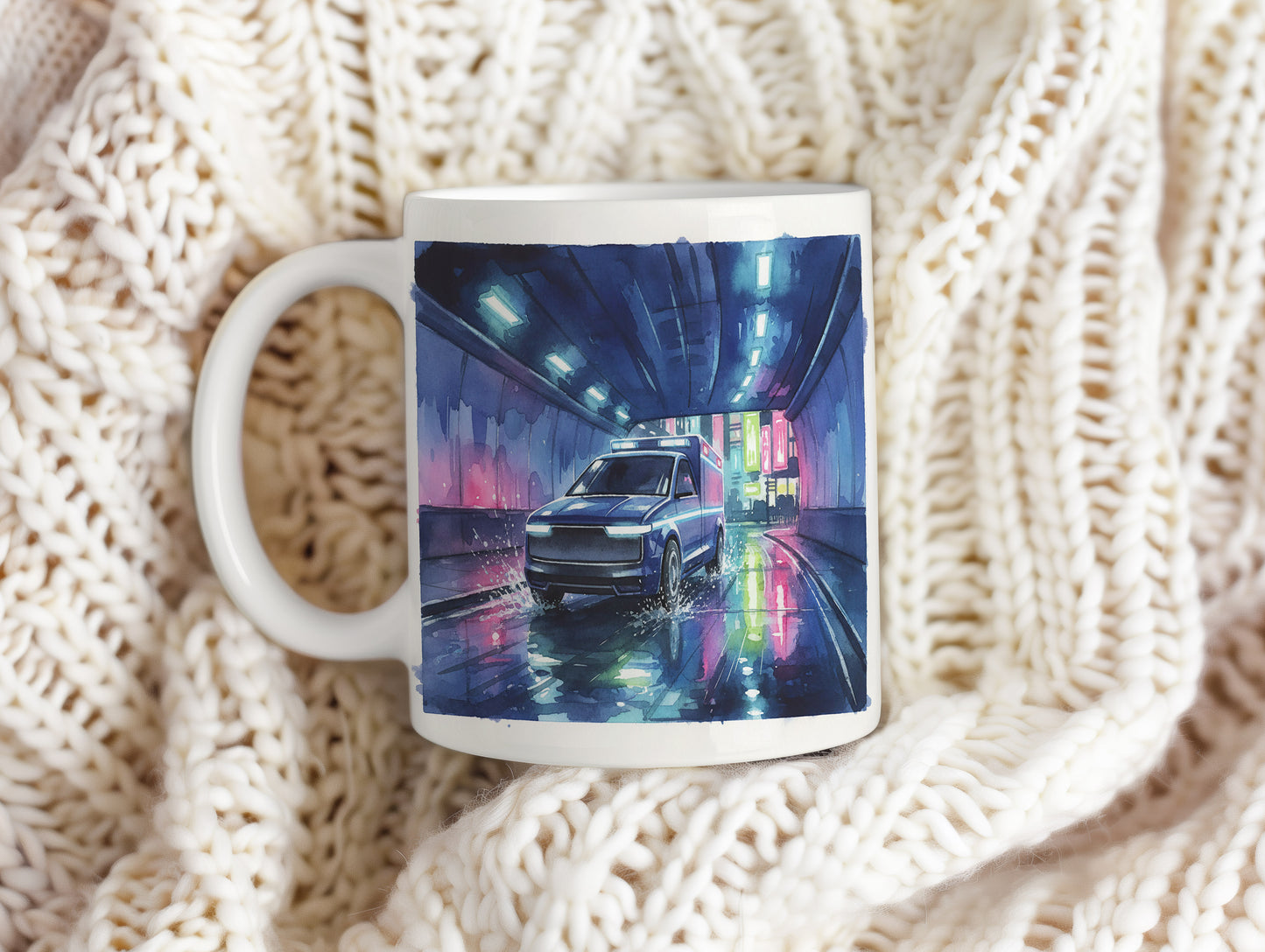 Hrnek s futuristickou sanitkou v tunelu