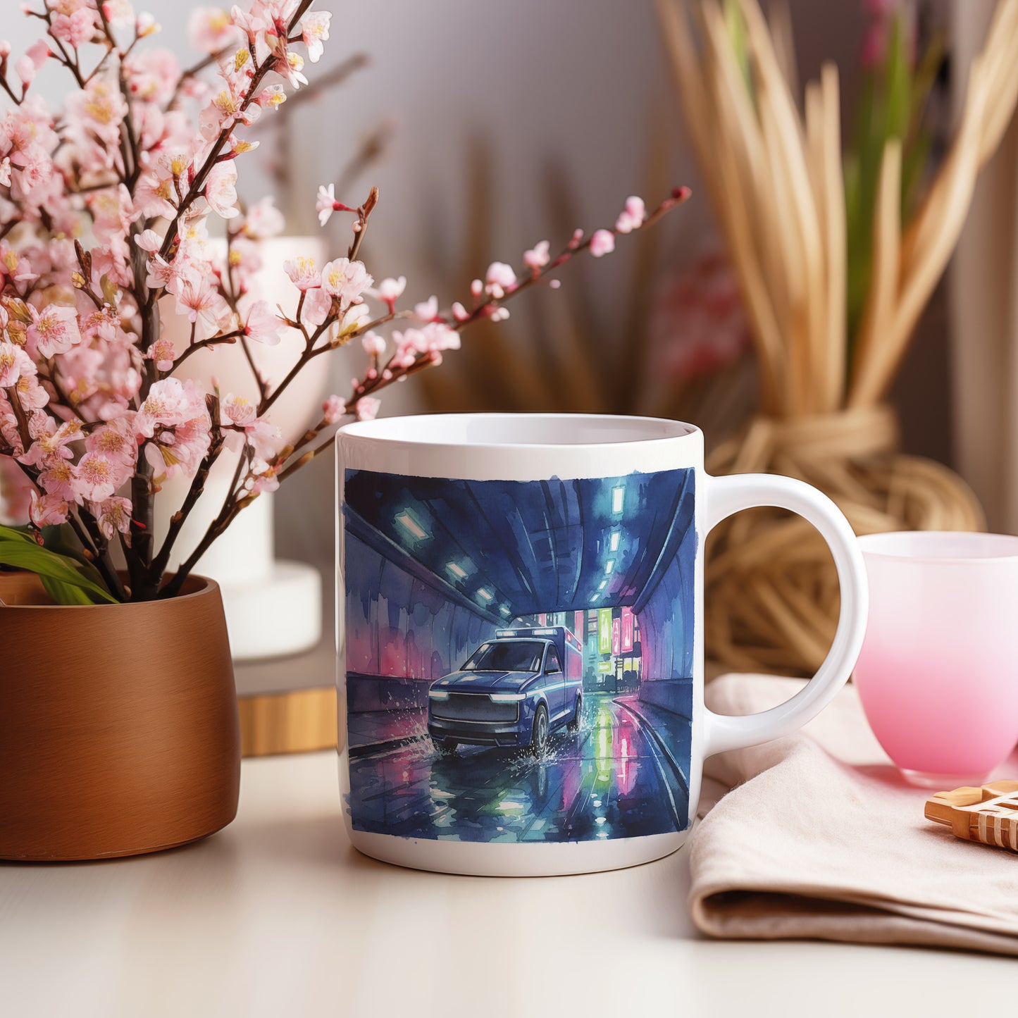 Hrnek s futuristickou sanitkou v tunelu