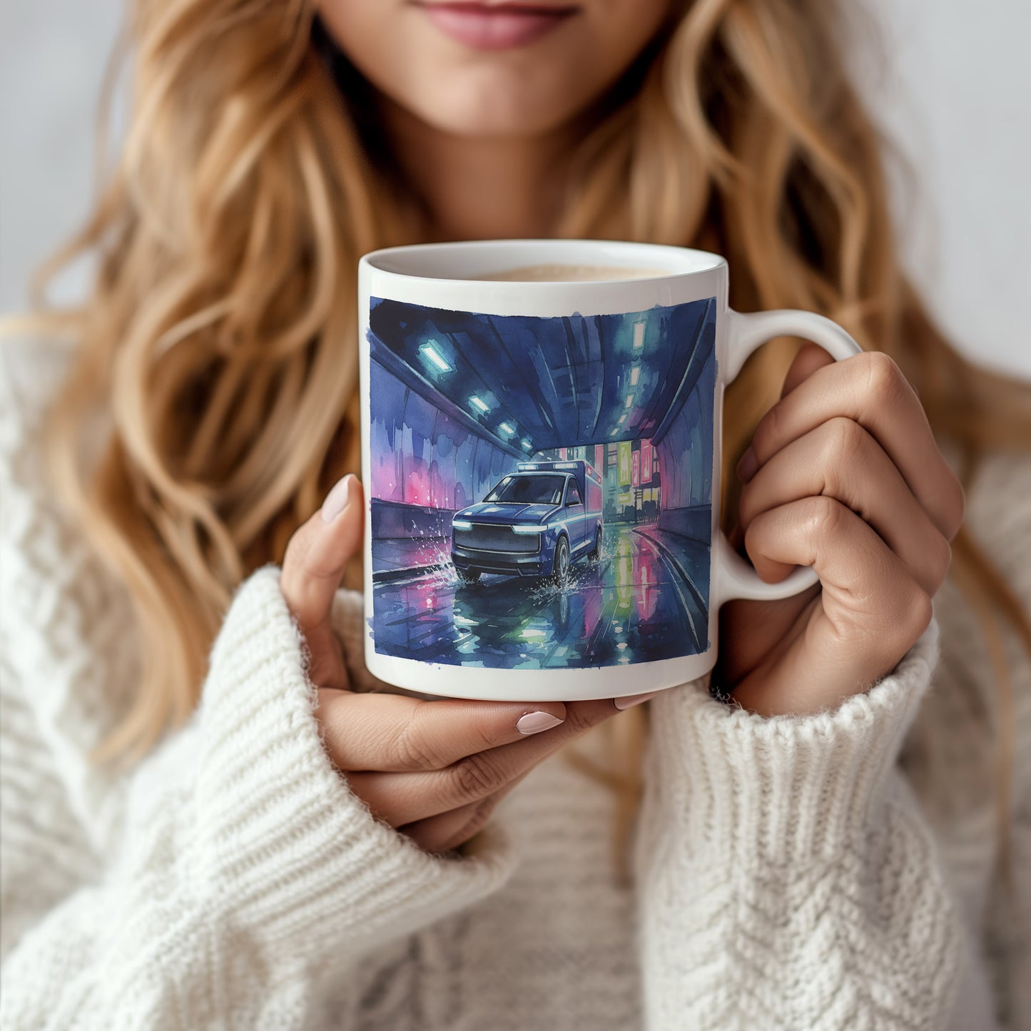 Hrnek s futuristickou sanitkou v tunelu