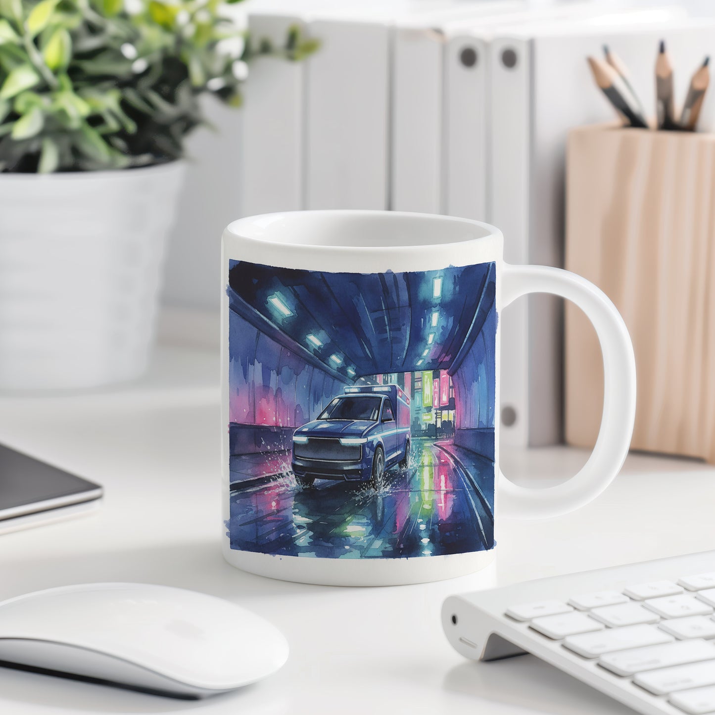 Hrnek s futuristickou sanitkou v tunelu