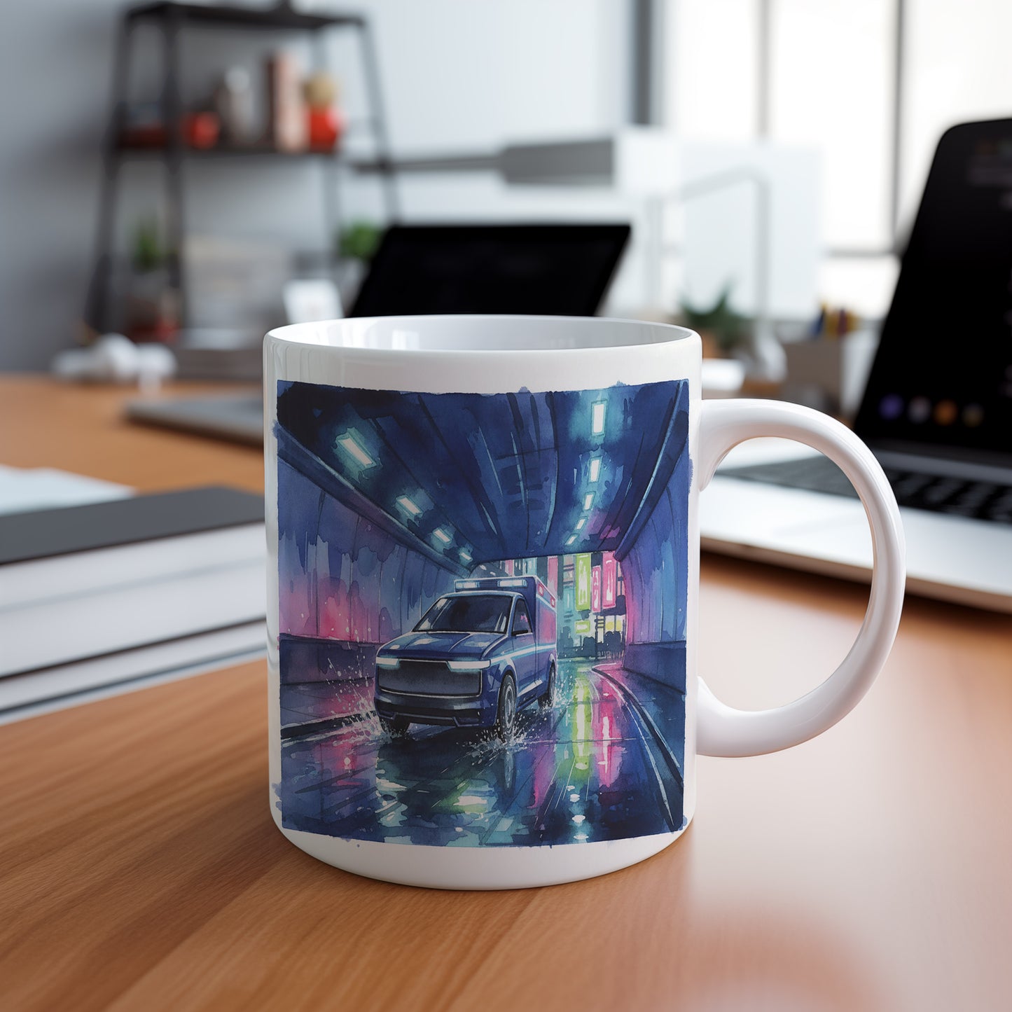 Hrnek s futuristickou sanitkou v tunelu