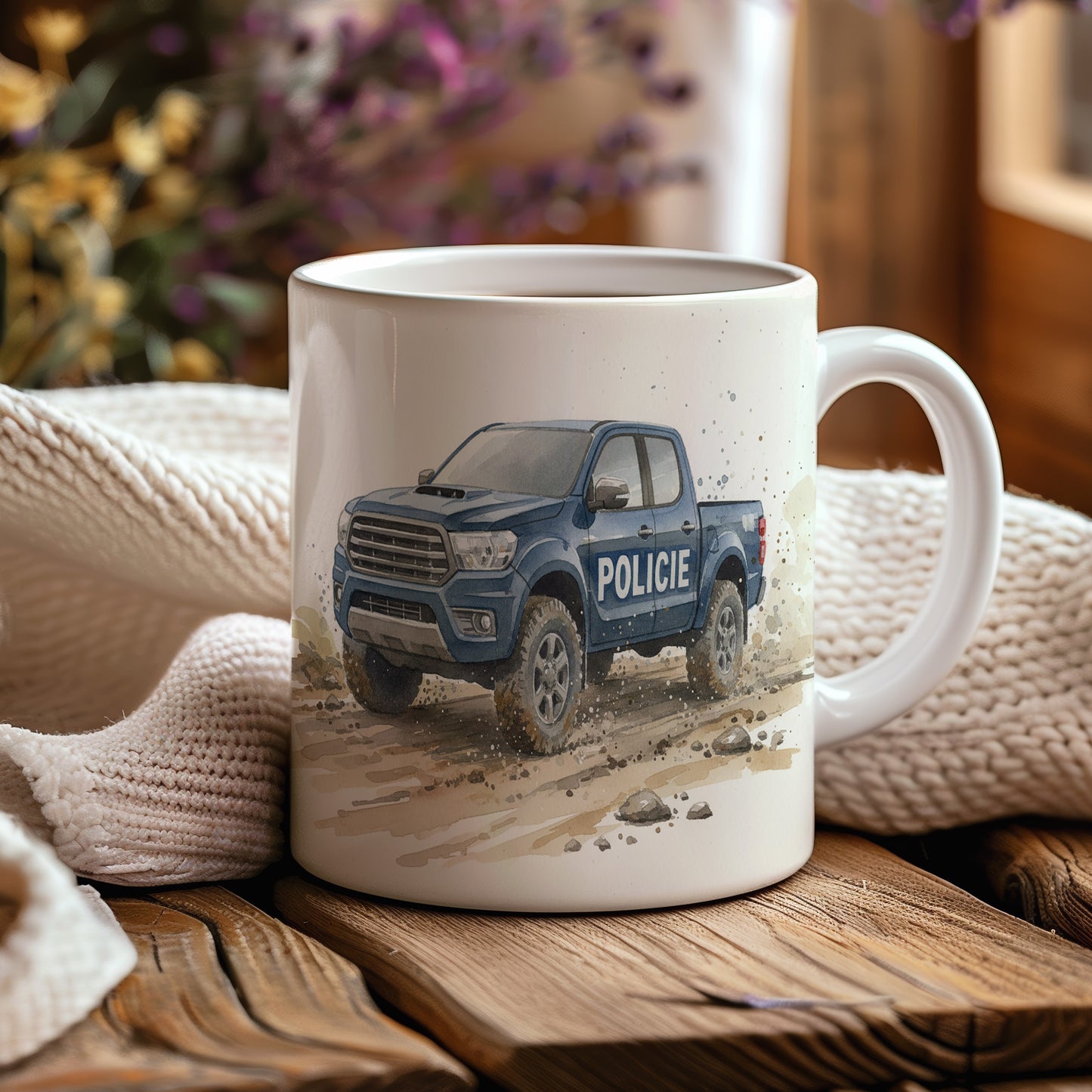 Hrnek s policejním pickupem na prašné cestě